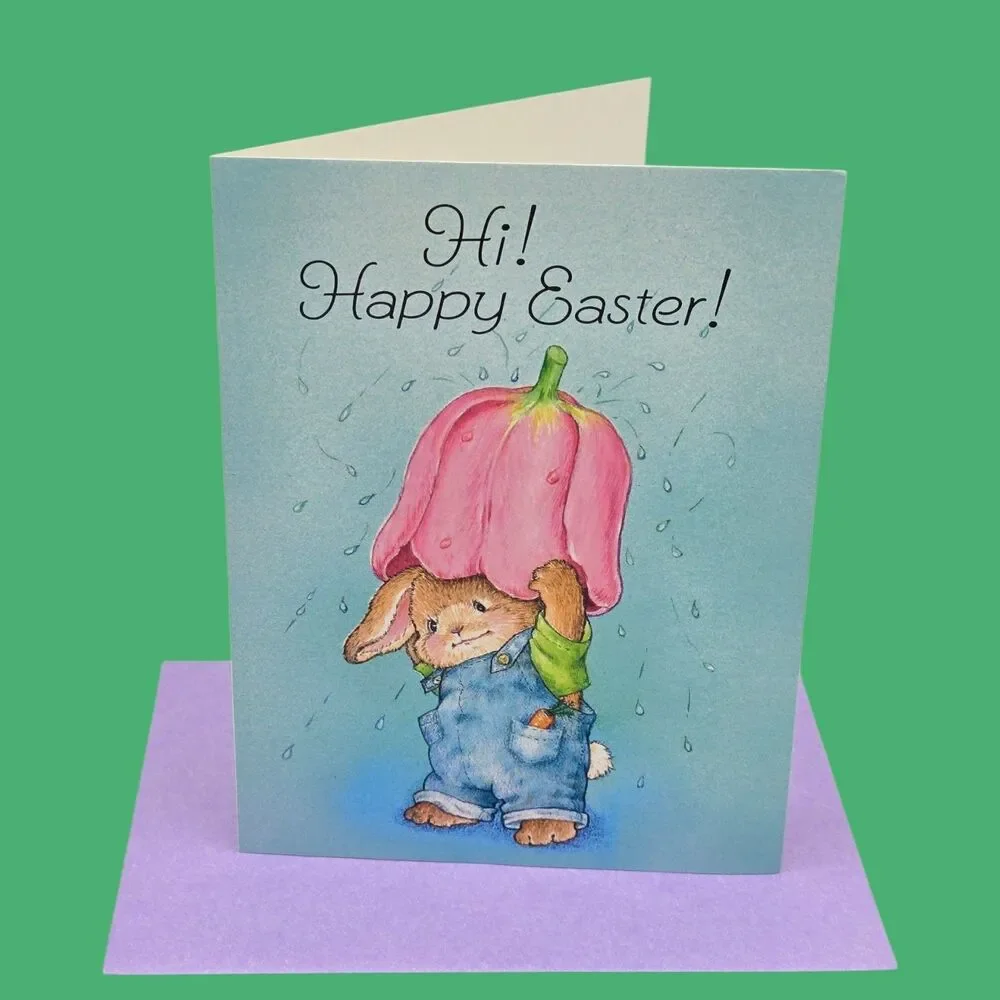 7 Unused Vintage AGC Easter Greeting Cards Dressed Bunny Overalls Tulip Umbrella